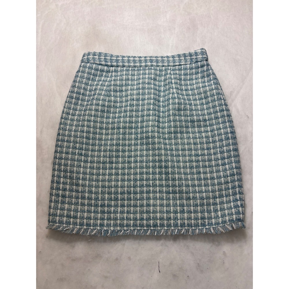 J.Crew Blue White Plaid Tweed Mini Skirt Fringed Hem Size 8 RN 58909
